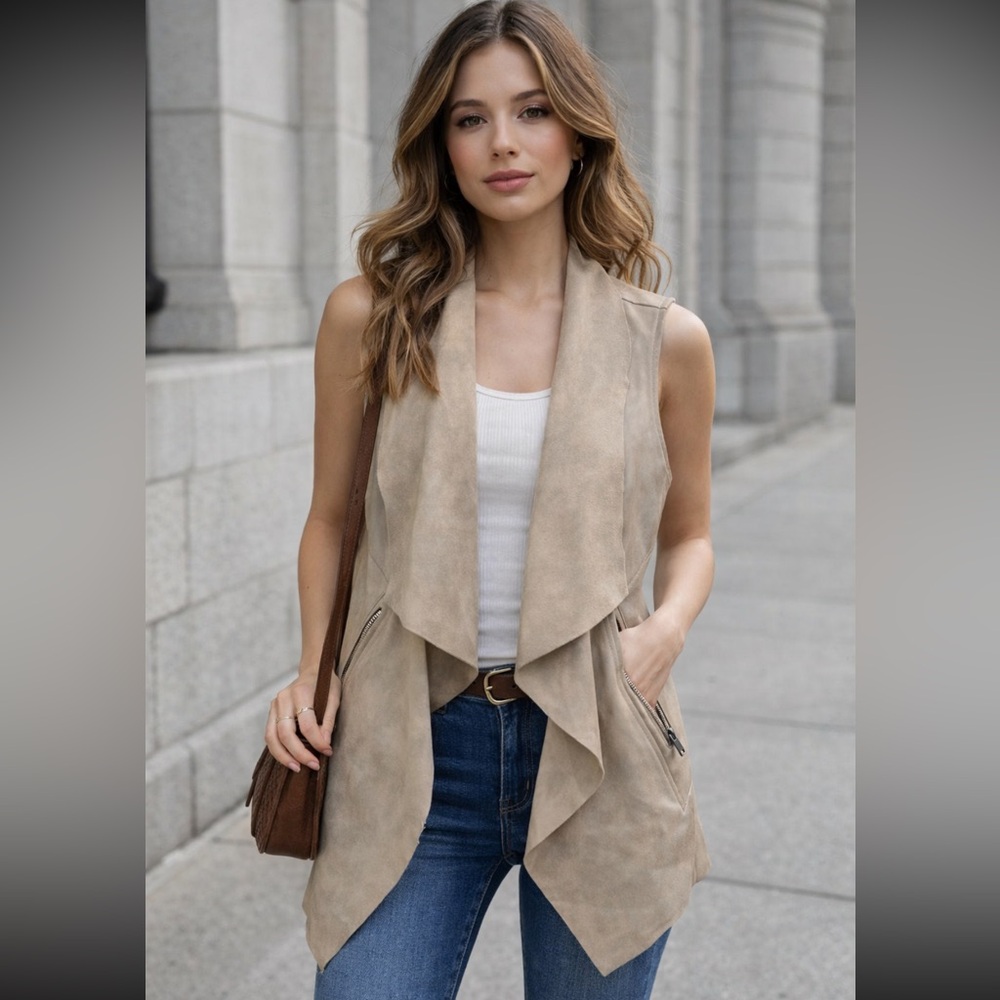 Joan Vass Faux Leather Grey Draped Vest‎ Vegan Leather Shaw
